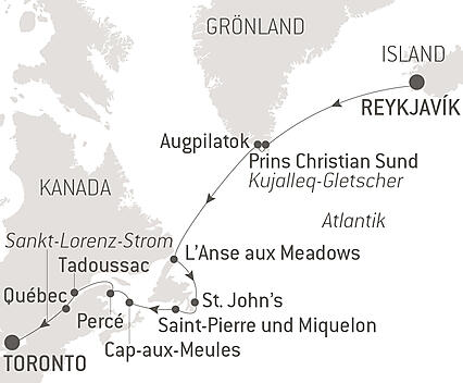 Reiseroute - Grönland und Kanada mit Saint-Pierre und Miquelon