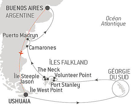 Découvrez votre itinéraire - Falkland, Géorgie du Sud & péninsule Valdés : au cœur du monde sauvage