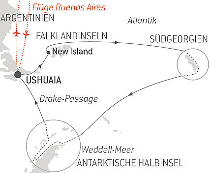 Reiseroute - Antarktis, Falklandinseln & Südgeorgien 