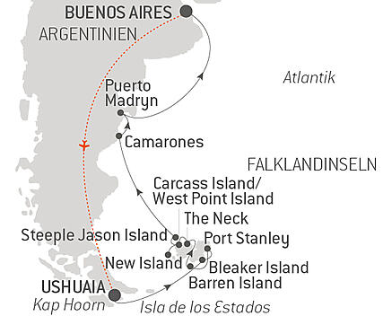 Reiseroute - Wilde Natur zwischen Argentinien und den Falklandinseln 