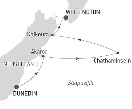 Reiseroute - Neuseeland zwischen Südinsel und Chathaminseln