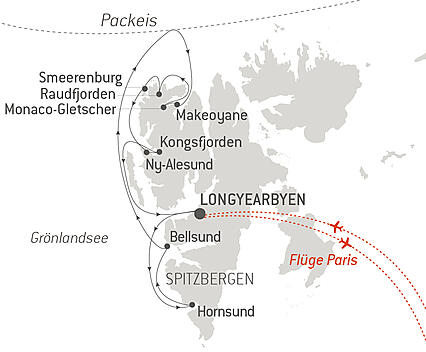 Reiseroute - Spitzbergens Fjorde und Gletscher 