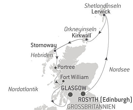Reiseroute - Shetland, Orkney und Hebriden