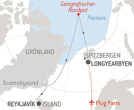 Reiseroute - Der geografische Nordpol und der Scoresbysund