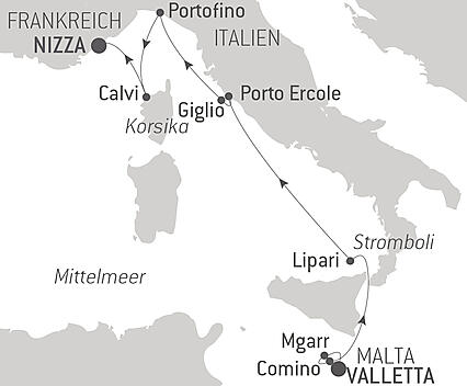 Reiseroute - Malta, italienische Küsten und Korsika, die Insel der Schönheit