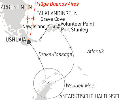 Reiseroute - Antarktis & Falklandinseln