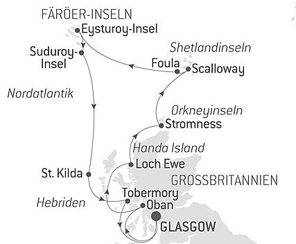 Reiseroute - Schottische Archipele und die Färöer, zwischen nordischem Erbe und Inselwelten