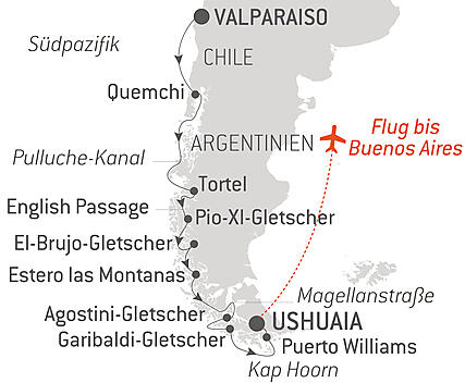 Reiseroute - Highlights der chilenischen Fjorde
