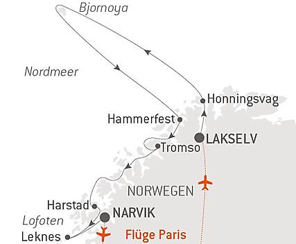 Reiseroute - Polarlichter, vom Nordkap bis zu den Lofoten