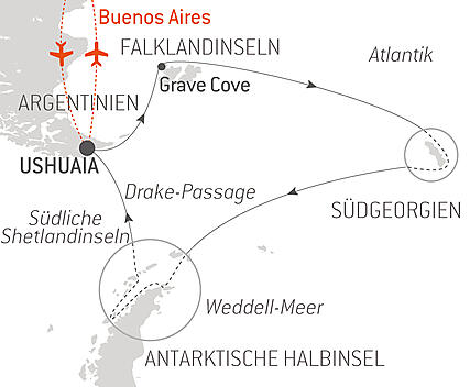 Reiseroute - Antarktis, Falklandinseln & Südgeorgien 