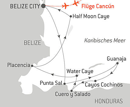 Reiseroute - Ungeahnte Begegnungen und Natur pur in Belize und Honduras 