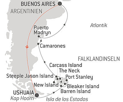 Reiseroute - Wilde Natur zwischen Argentinien und den Falklandinseln