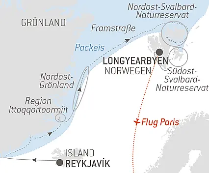 Reiseroute - Im arktischen Eis von Grönland nach Spitzbergen