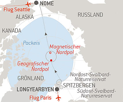 Reiseroute - Transarktisches Abenteuer, die Überquerung des Nordpols