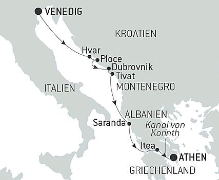Reiseroute - Kreuzfahrt an der Dalmatinischen Küste und im Ionischen Meer Von Venedig nach Athen – mit Smithsonian Journeys