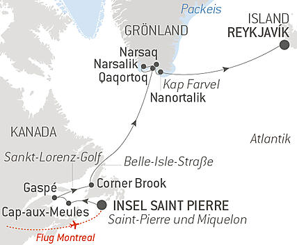Reiseroute - Zum Ende des Winters, vom Sankt-Lorenz-Strom nach Grönland