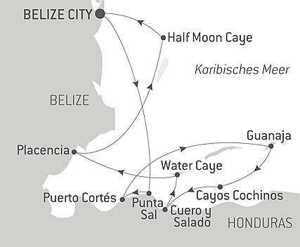 Reiseroute - Ungeahnte Begegnungen und Natur pur in Belize und Honduras 