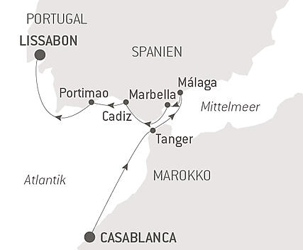Reiseroute - Kreuzfahrt von Marokko an die Andalusische Küste Spaniens – mit Smithsonian Journeys