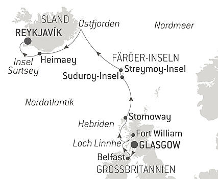 Reiseroute - Wilde Landschaften in Schottland, auf den Färöer und Island