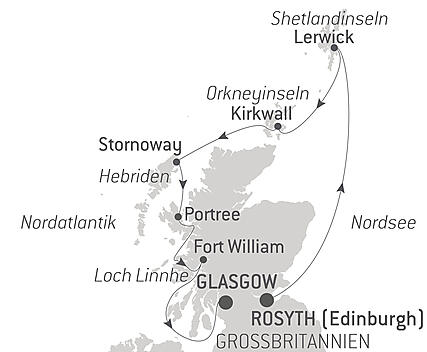 Reiseroute - Shetland, Orkney und Hebriden