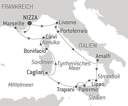 Reiseroute - Frühling im Mittelmeer, zwischen Frankreich und Italien