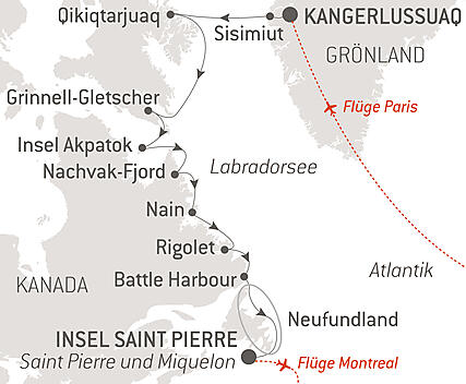 Reiseroute - Wilde Küsten von Grönland bis zur Ostküste Kanadas