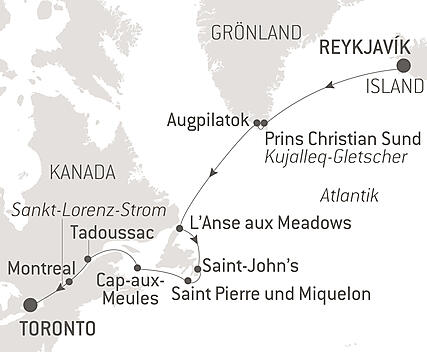 Reiseroute - Expedition von Grönland nach Kanada mit Saint-Pierre und Miquelon