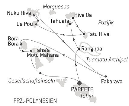 Reiseroute - Marquesas intensiv mit Tuamotu und Gesellschaftsinseln