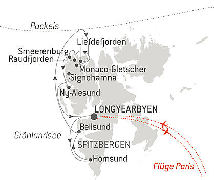 Reiseroute - Spitzbergens Fjorde und Gletscher