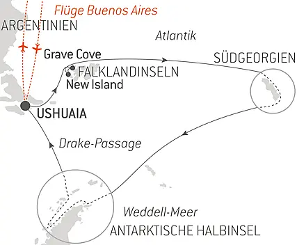 Reiseroute - Antarktis, Falklandinseln & Südgeorgien 