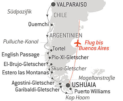 Reiseroute - Highlights der chilenischen Fjorde