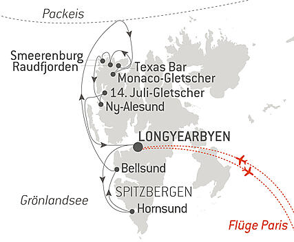 Reiseroute - Spitzbergens Fjorde und Gletscher