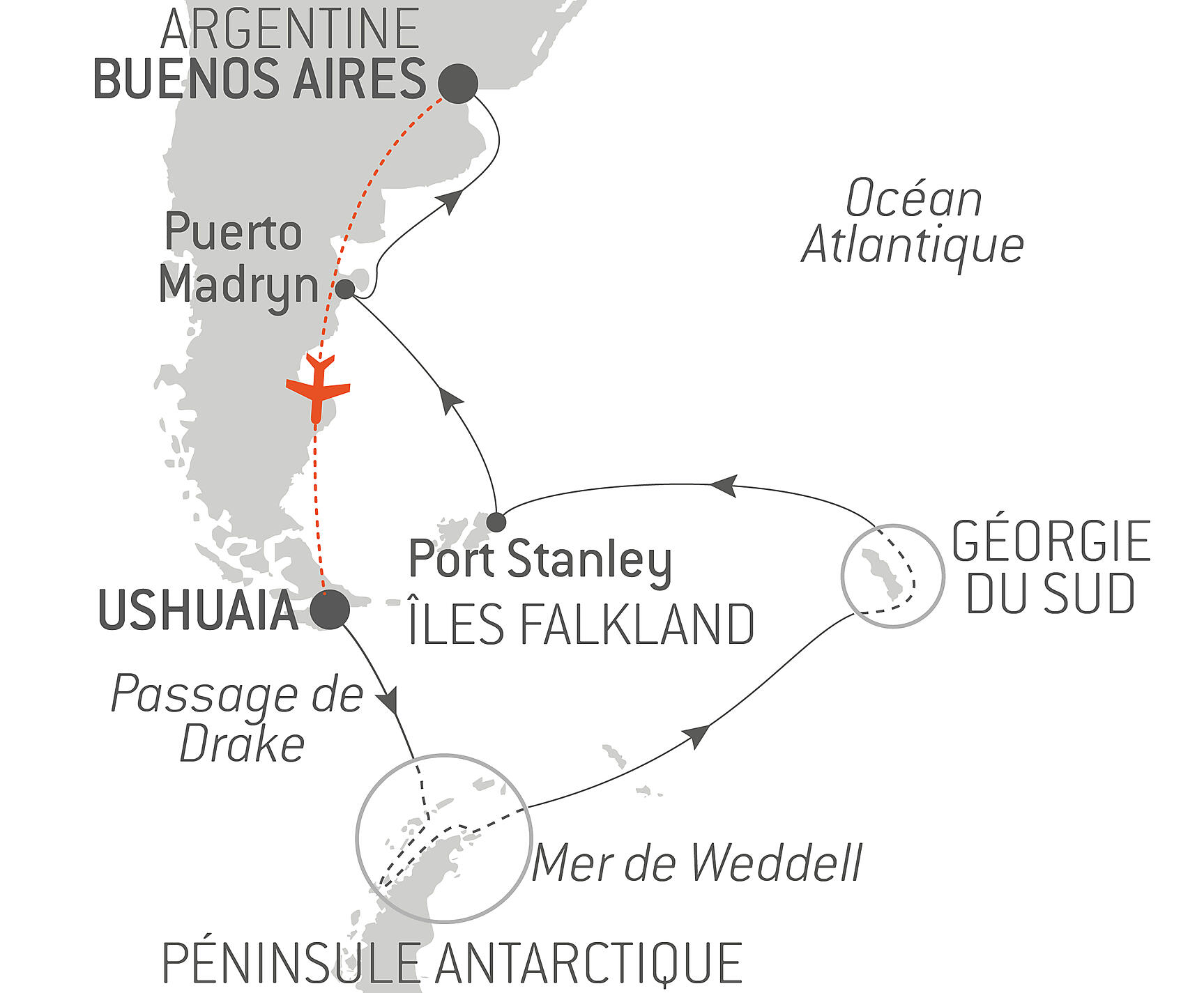 Journey to Austral Lands and Valdes Peninsula Itinerary Map