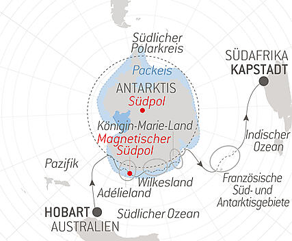 Reiseroute - Halbumrundung Antarktis – die unerforschte Ostküste
