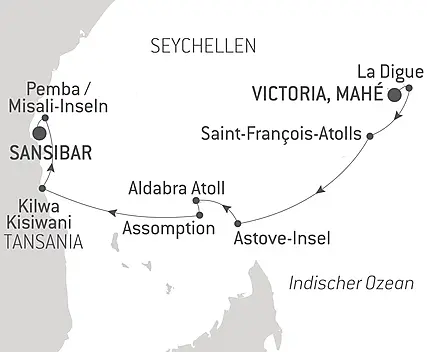 Reiseroute - Sansibar, Aldabra und Schätze des Indischen Ozeans