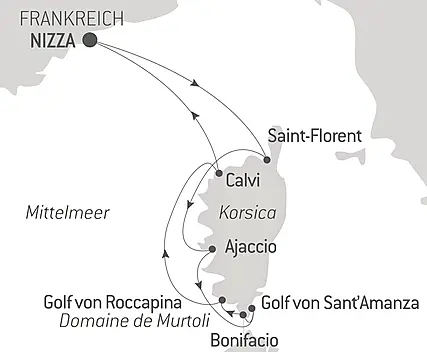 Reiseroute - Korsikas Küsten unter den Segeln der Le Ponant