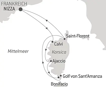 Reiseroute - Korsikas Küsten unter den Segeln der Le Ponant