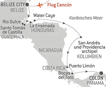 Reiseroute - Tropisches Abenteuer in Mittelamerika