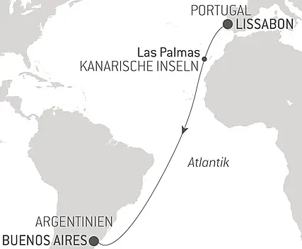 Reiseroute - Ozean-Kreuzfahrt: Lissabon - Buenos Aires