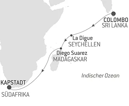 Reiseroute - Ozean-Kreuzfahrt: Colombo - Kapstadt