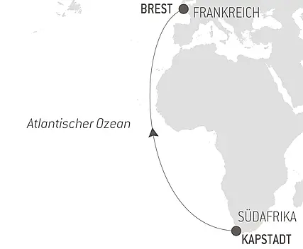 Reiseroute - Ozean-Kreuzfahrt: Kapstadt - Brest