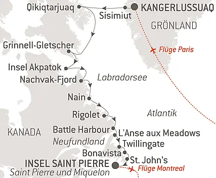 Reiseroute - Wilde Küsten von Grönland bis zur Ostküste Kanadas