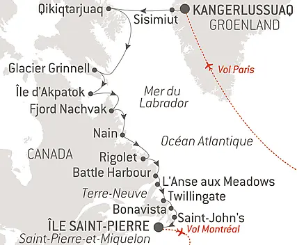 Découvrez votre itinéraire - Des côtes sauvages du Groenland à la côte est du Canada