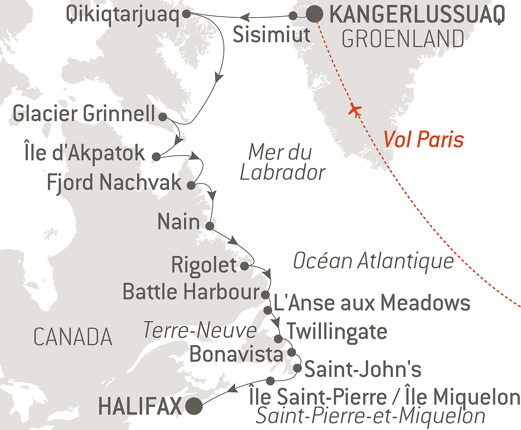 Wilderness from Greenland to the East Coast of Canada Itinerary Map