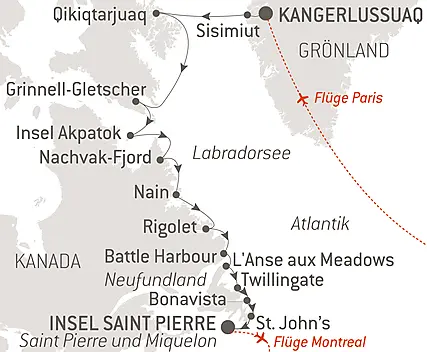 Reiseroute - Wilde Küsten von Grönland bis zur Ostküste Kanadas