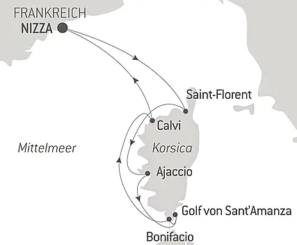 Reiseroute - Korsikas Küsten unter den Segeln der Le Ponant