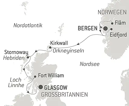 Reiseroute - Schottische Inseln und norwegische Fjorde