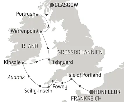 Reiseroute - Vom Ärmelkanal bis zur Irischen See