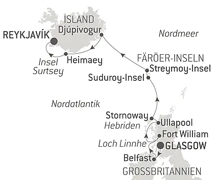 Reiseroute - Wilde Landschaften in Schottland, auf den Färöer und Island	