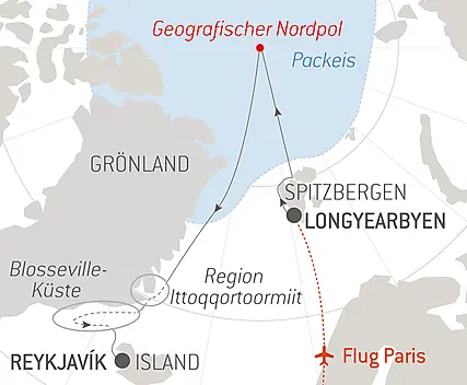 Reiseroute - Der geografische Nordpol und die Ostküste Grönlands